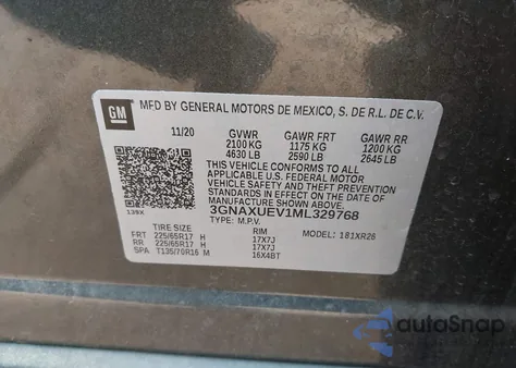 2021 Chevrolet Equinox Awd Lt z USA, uszkodzony, nr VIN 3GNAXUEV1ML329768